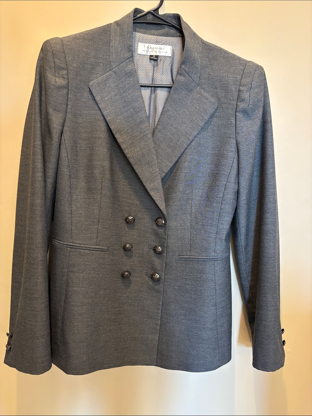 Tahari ASL Double-Breasted Charcoal Gray Blazer